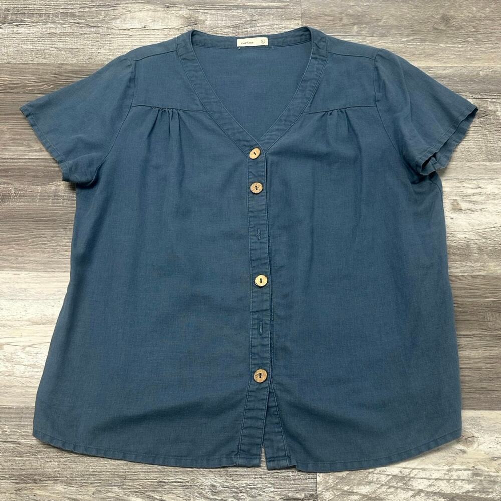 Grae Cove Navy Blue Womens L Coastal Casual Chic Linen V-Neck‎ Button Up Blouse